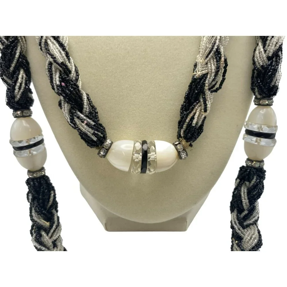 Vintage Art Deco Roaring 20s Black White Beaded Rhinestone Celluloid 50 Necklace - Picture 4 of 10